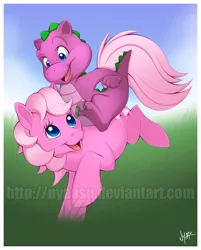 Size: 830x1030 | Tagged: safe, artist:nyaasu, derpibooru import, baby lickety split, spike (g1), dragon, earth pony, pony, dragons riding ponies, duo, female, filly, foal, g1, obtrusive watermark, riding, watermark