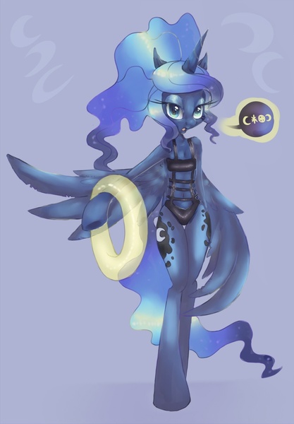 Size: 900x1295 | Tagged: anthro, artist:coffeechicken, belly button, clothes, derpibooru import, princess luna, safe, solo, swimsuit