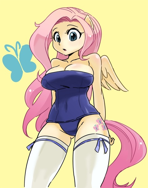 Size: 700x888 | Tagged: ambiguous facial structure, anthro, artist:shepherd0821, belly button, big breasts, breasts, busty fluttershy, cleavage, clothes, derpibooru import, female, fluttershy, low angle, one-piece swimsuit, school swimsuit, socks, solo, solo female, stockings, stupid sexy fluttershy, suggestive, sukumizu, swimsuit