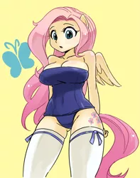 Size: 700x888 | Tagged: ambiguous facial structure, anthro, artist:shepherd0821, belly button, big breasts, breasts, busty fluttershy, cleavage, clothes, derpibooru import, female, fluttershy, low angle, one-piece swimsuit, school swimsuit, socks, solo, solo female, stockings, stupid sexy fluttershy, suggestive, sukumizu, swimsuit