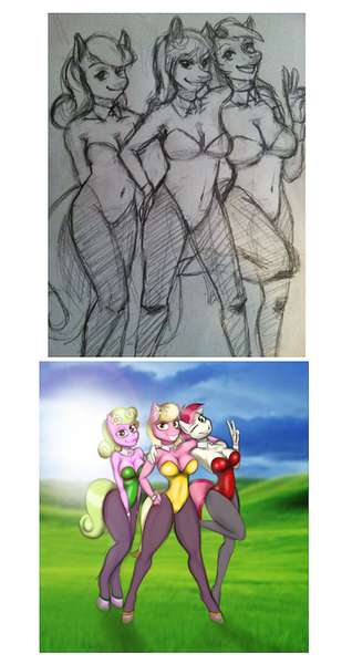 Size: 397x750 | Tagged: suggestive, artist:lil miss jay, derpibooru import, daisy, flower wishes, lily, lily valley, roseluck, anthro, unguligrade anthro, breasts, busty daisy, busty lily valley, busty roseluck, flower trio, redline, redraw