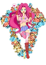 Size: 2203x3115 | Tagged: artist needed, safe, artist:0ryomamikado0, derpibooru import, pinkie pie, human, belly button, blue eyes, boots, braless, breasts, busty pinkie pie, candies, clothes, female, fingerless gloves, gloves, heart, high res, humanized, image, jpeg, midriff, open fly, pink hair, pink shirt, pink socks, red shoes, shoes, suspenders, underboob, underwear
