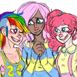 Size: 700x700 | Tagged: safe, artist:glynn, derpibooru import, fluttershy, pinkie pie, rainbow dash, clothes, female, flutterdash, flutterpie, freckles, humanized, lesbian, shipping, suspenders, sweater, sweatershy, thick eyebrows, undercut, winged humanization