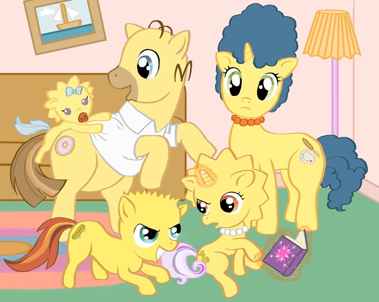 Size: 2000x1597 | Tagged: safe, artist:elenaboosy, derpibooru import, ponified, pony, baby, baby pony, bart simpson, colt, filly, foal, homer simpson, lisa simpson, maggie simpson, marge simpson, the simpsons