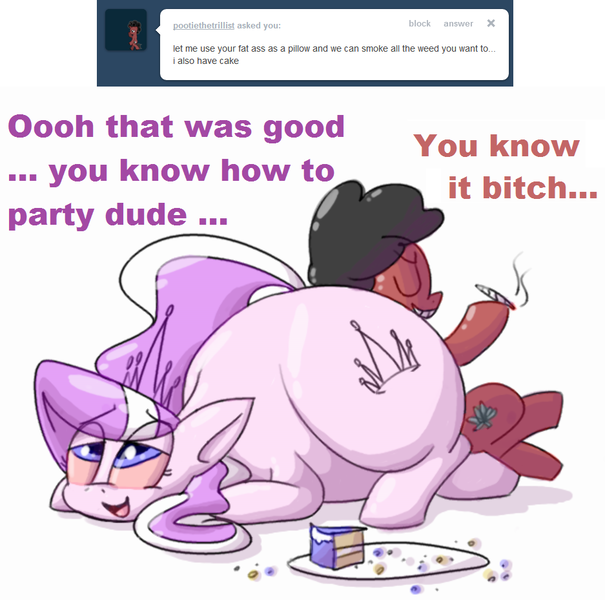 Size: 937x929 | Tagged: safe, artist:secretgoombaman12345, derpibooru import, diamond tiara, oc, earth pony, pony, ask chubby diamond, ask, drugs, fat, female, filly, impossibly large butt, male, marijuana, stallion, tumblr