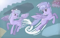 Size: 1280x823 | Tagged: safe, artist:willygalleta, derpibooru import, cloudchaser, flitter, pegasus, pony, crepuscular rays, duo, duo female, female, flying, looking at each other, mare, spread wings, trail, vertigo, wings