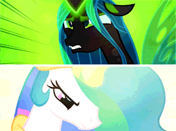 Size: 500x373 | Tagged: a canterlot wedding, animated, changeling, changeling queen, derpibooru import, edit, edited screencap, female, fight, glowing horn, gritted teeth, oh crap face, princess celestia, queen chrysalis, safe, screencap