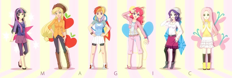 Size: 2482x842 | Tagged: applejack, artist:mirakurunaito, clothes, converse, derpibooru import, fluttershy, humanized, mane six, pinkie pie, rainbow dash, rarity, safe, shoes, skirt, twilight sparkle