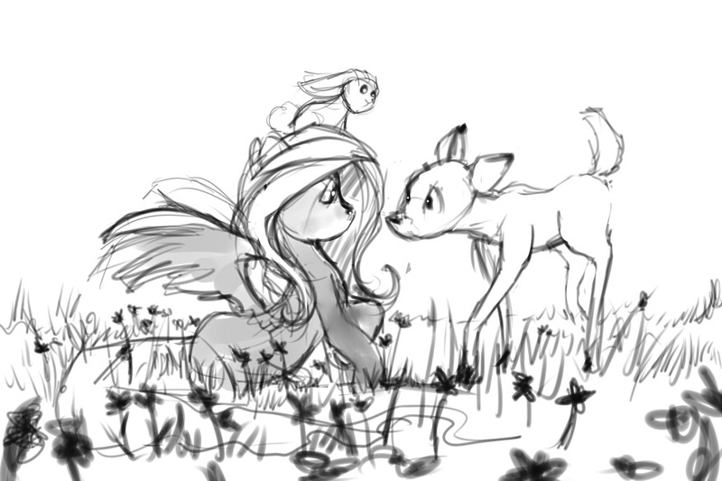 Size: 875x583 | Tagged: angel bunny, artist:noben, deer, derpibooru import, fluttershy, grayscale, monochrome, safe, sketch