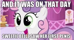 Size: 643x344 | Tagged: suggestive, derpibooru import, edit, edited screencap, screencap, sweetie belle, pony, unicorn, caption, excited, female, filly, image macro, solo