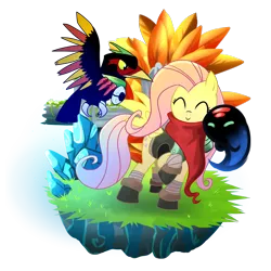 Size: 1500x1500 | Tagged: safe, artist:madmax, derpibooru import, fluttershy, bird, pegasus, pony, bastion (game), clothes, crossover, cute, eyes closed, grass, scarf, smiling, spread wings, squirt, the kid, wings