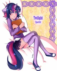 Size: 1200x1500 | Tagged: artist:matemi-i, book, clothes, derpibooru import, eared humanization, horned humanization, humanized, panties, safe, shoes, skirt, sneakers, solo, tailed humanization, twilight sparkle, underwear, upskirt
