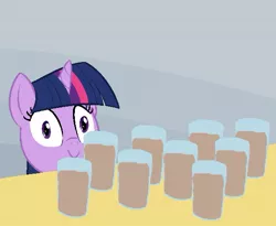 Size: 575x471 | Tagged: artist:furseiseki, chocolate milk, derpibooru import, edit, evil, exploitable meme, meme, milk, pure unfiltered evil, safe, smiling, spill, spilled milk, table, this will end in tears, twilight sparkle