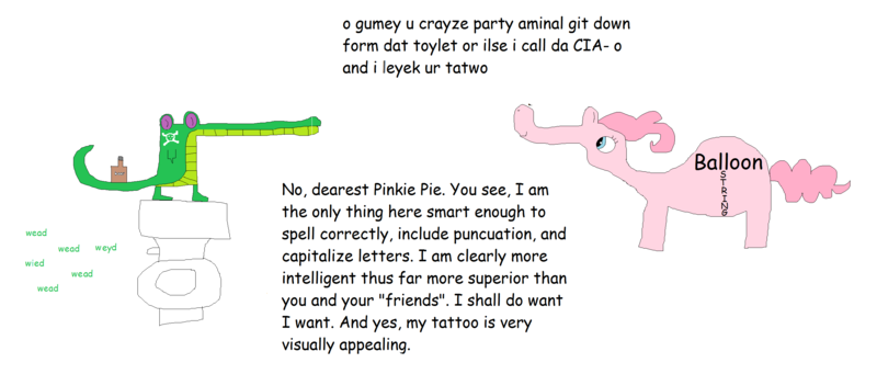 Size: 2652x1132 | Tagged: beer, comic sans, derpibooru import, dialogue, drink, drugs, gummy, ms paint, pinkie pie, safe, stylistic suck, tattoo, text, toilet