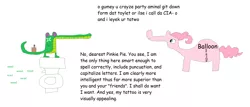 Size: 2652x1132 | Tagged: beer, comic sans, derpibooru import, dialogue, drink, drugs, gummy, ms paint, pinkie pie, safe, stylistic suck, tattoo, text, toilet