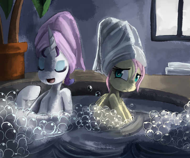 Size: 1025x850 | Tagged: safe, artist:terrac0tta, derpibooru import, fluttershy, rarity, pegasus, pony, unicorn, bath, bubble, eyes closed, jacuzzi, palm tree, potted plant, spa, towel, towel on head, tree