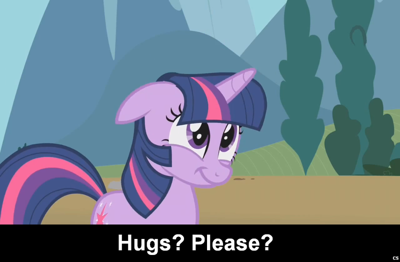 Size: 1024x671 | Tagged: safe, derpibooru import, twilight sparkle, pony, unicorn, :t, bronybait, caption, cs captions, cute, female, floppy ears, hug, hug request, hugs needed, looking up, mare, smiling, solo, text, unicorn twilight