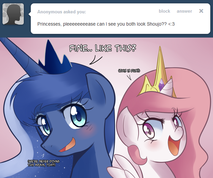 Size: 1280x1071 | Tagged: artist:sallymon, ask, ask gamer luna, blushing, derpibooru import, princess celestia, princess luna, safe, tumblr