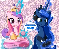 Size: 1024x846 | Tagged: safe, artist:angriestangryartist, derpibooru import, princess cadance, princess luna, alicorn, pony, gamer luna, :p, angry, arcade stick, controller, cute, female, gamer cadance, games, hadouken, headphones, headset, joystick, magic, mare, scrunchy face, sitting, smiling, telekinesis, tongue out, video game