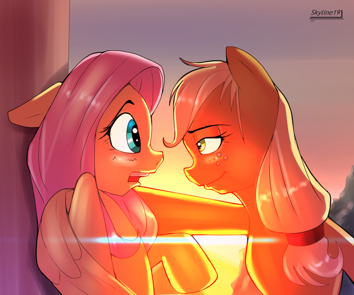 Size: 1870x1561 | Tagged: against wall, applejack, appleshy, artist:skyline19, backlighting, bipedal leaning, blushing, derpibooru import, female, flirting, fluttershy, kabedon, lesbian, missing accessory, shipping, suggestive, sunset, tree