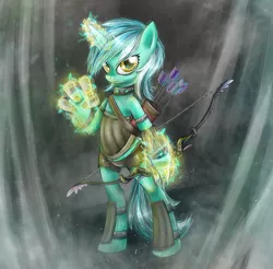 Size: 900x887 | Tagged: safe, artist:munadrake, derpibooru import, lyra heartstrings, pony, archery, arrow, bipedal, bow (weapon), bow and arrow, looking at you, magic, magic hands, solo