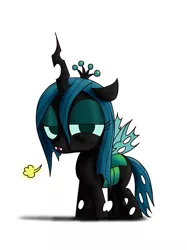 Size: 1936x2592 | Tagged: artist:flowersimh, changeling, changeling queen, crown, cute, cutealis, derpibooru import, fangs, female, filly, filly queen chrysalis, foal, jewelry, looking at you, nymph, queen chrysalis, queen chrysalis is not amused, regalia, safe, simple background, solo, standing, unamused, unimpressed, white background, wings, younger