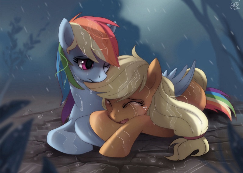 Size: 798x568 | Tagged: applejack, artist:ruhje, crying, dead source, derpibooru import, hatless, heartbreak, heartwarming, missing accessory, rain, rainbow dash, sad, safe, winghug