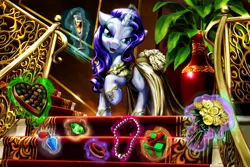 Size: 2000x1333 | Tagged: safe, artist:harwick, derpibooru import, rarity, chocolate, donut, flower, gem, glass, jewelry, magic, necklace, perfume, present, wine