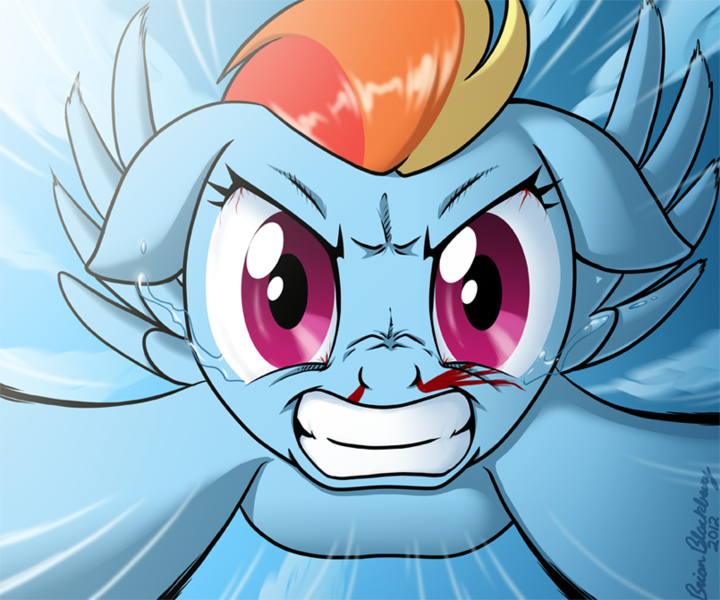 Size: 805x671 | Tagged: action pose, artist:brianblackberry, blood, derpibooru import, flying, fourth wall, gritted teeth, looking at you, nosebleed, rainbow dash, safe, solo