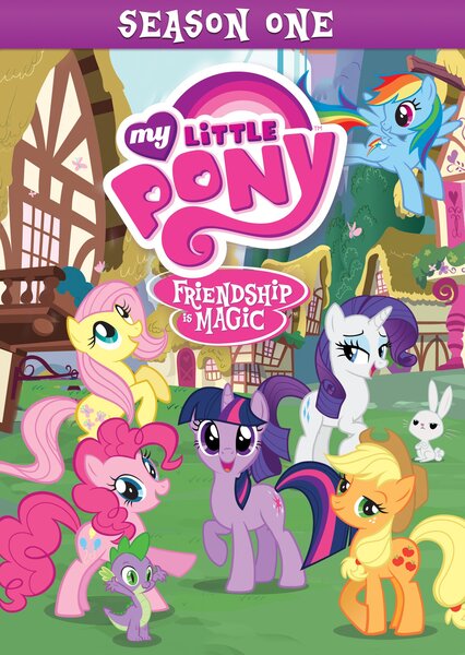 Size: 1521x2142 | Tagged: safe, derpibooru import, official, angel bunny, applejack, fluttershy, pinkie pie, rainbow dash, rarity, spike, twilight sparkle, dragon, earth pony, pegasus, pony, rabbit, unicorn, season 1, dvd, dvd cover, female, fim logo, male, mane seven, mane six, mare, merchandise, my little pony logo, stock vector, unicorn twilight