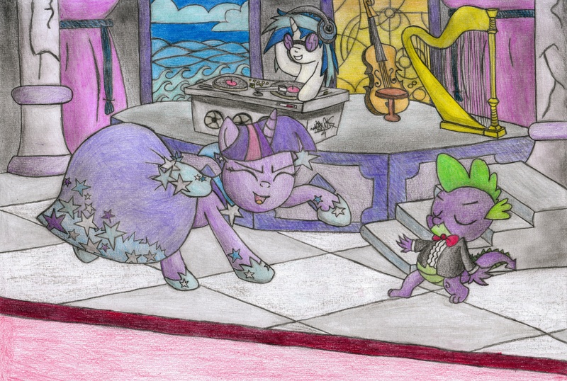 Size: 5230x3515 | Tagged: artist:urbanhawk, derpibooru import, octavia melody, safe, spike, traditional art, twilight sparkle, vinyl scratch