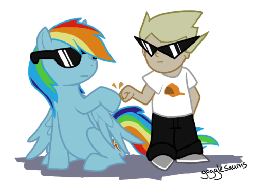 Size: 500x367 | Tagged: dead source, safe, artist:gogglesaurus, derpibooru import, rainbow dash, human, pegasus, pony, crossover, dirk strider, homestuck, hoofbump, sunglasses