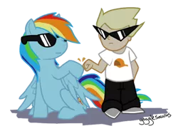 Size: 500x367 | Tagged: dead source, safe, artist:gogglesaurus, derpibooru import, rainbow dash, human, pegasus, pony, crossover, dirk strider, homestuck, hoofbump, sunglasses