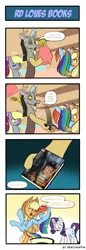 Size: 660x1914 | Tagged: safe, artist:reikomuffin, derpibooru import, applejack, derpy hooves, discord, rainbow dash, rarity, pony, appledash, bipedal, blushing, book, bridal carry, comic, discord the shipper, female, grin, holding a pony, lesbian, open mouth, shipping, smiling, speech bubble, standing, talking, wink