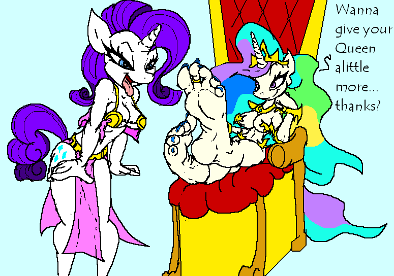 Size: 775x544 | Tagged: questionable, artist:vinny van yiffy, derpibooru import, princess celestia, rarity, alicorn, anthro, plantigrade anthro, unicorn, barefoot, breasts, feet, female, fetish, foot fetish, foot worship, lesbian, nail polish, rarilestia, rarity's fetish, shipping