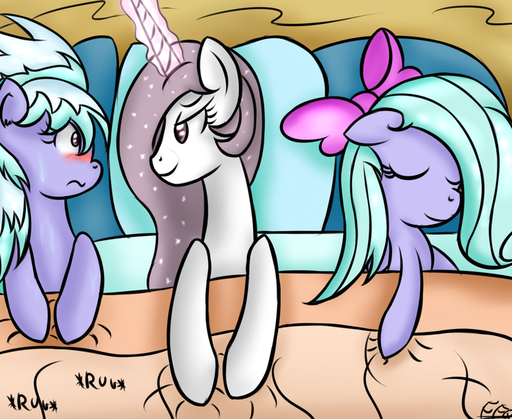 Size: 1100x900 | Tagged: questionable, artist:askpervertcloudchaser, artist:freefraq, deleted from derpibooru, derpibooru import, cloudchaser, flitter, princess celestia, pegasus, pony, princess molestia, bed, blushing, cloudlestia, female, lesbian, magic, magical stimulation, mare, pillow, shipping, sweat