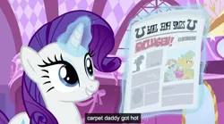 Size: 920x512 | Tagged: derpibooru import, newspaper, rarity, safe, screencap, snails, snips, youtube caption