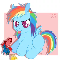 Size: 900x900 | Tagged: safe, artist:akashasi, derpibooru import, rainbow dash, pegasus, pony, filly, playing, signature, sitting, solo, tongue out, toy