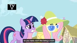 Size: 922x513 | Tagged: derpibooru import, fluttershy, preggoshy, safe, screencap, twilight sparkle, youtube caption