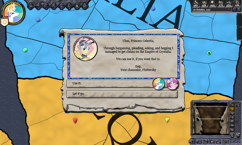 Size: 1280x768 | Tagged: safe, artist:aaronmk, derpibooru import, fluttershy, princess cadance, princess celestia, pony, claims are magic, crusader kings, crusader kings 2, crystal empire, equestria, female, game screencap, map, mare