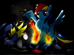 Size: 1000x750 | Tagged: semi-grimdark, artist:unitoone, derpibooru import, rainbow dash, pegasus, pony, unicorn, fanfic, badass, blood, death, fanfic art, female, imminent death, male, mare, stallion, the night that never ended