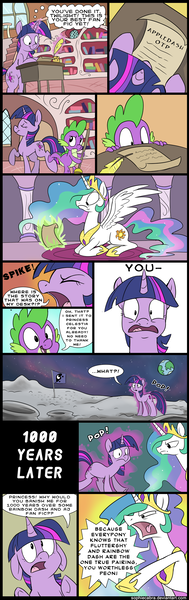 Size: 750x2385 | Tagged: safe, artist:spainfischer, derpibooru import, princess celestia, spike, twilight sparkle, appledash, banishment, comic, female, flutterdash, lesbian, moon, otp, serious business, shipping, shipping war