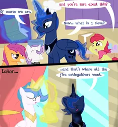 Size: 3000x3206 | Tagged: apple bloom, applebuck, artist:dazed-and-wandering, comic, cooking, cutie mark crusaders, derpibooru import, glasses, high res, prince artemis, prince solaris, princess celestia, princess luna, rule 63, safe, scootaloo, scooteroll, silver bell, sweetie belle, this will end in tears and/or breakfast
