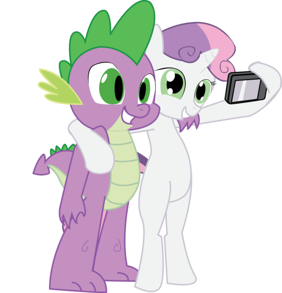 Size: 1214x1260 | Tagged: safe, artist:hoodie-stalker, derpibooru import, spike, sweetie belle, dragon, pony, unicorn, bipedal, camera, duo, female, filly, male, phone, selfie, simple background, teeth, transparent background, vector