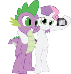 Size: 1214x1260 | Tagged: safe, artist:hoodie-stalker, derpibooru import, spike, sweetie belle, dragon, pony, unicorn, bipedal, camera, duo, female, filly, male, phone, selfie, simple background, teeth, transparent background, vector