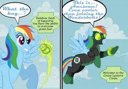 Size: 1100x767 | Tagged: artist:shockwave, bodysuit, cloud, cloudy, comic, crossover, derpibooru import, flying, goggles, green lantern, rainbow dash, ring, safe, wristband