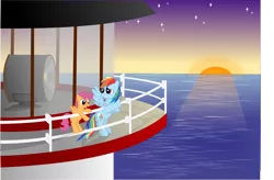 Size: 3058x2010 | Tagged: artist:crimsonlynx97, derpibooru import, high res, lighthouse, ocean, rainbow dash, safe, scootaloo, scootalove, sunset