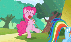 Size: 440x260 | Tagged: safe, derpibooru import, screencap, pinkie pie, rainbow dash, earth pony, pegasus, pony, griffon the brush off, animated, bipedal, cute, dancing, diapinkes, gif, loop, mouth hold, solo focus