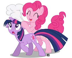 Size: 900x720 | Tagged: dead source, safe, artist:glamourkat, derpibooru import, pinkie pie, twilight sparkle, earth pony, pony, unicorn, artifact, chef's hat, duo, female, floppy ears, hat, image, mare, png, simple background, transparent background, unicorn twilight