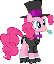 Size: 1600x1879 | Tagged: artist:antaruv, bowtie, clothes, dead source, derpibooru import, hat, noisemaker, party horn, party of one, pinkie pie, safe, shoes, simple background, solo, spats, suit, top hat, transparent background, tuxedo, vector